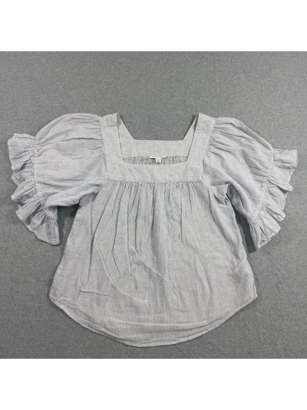 BeachLunchLounge Women's Large Blue White Striped Linen Cotton Puff Sleeve Top
